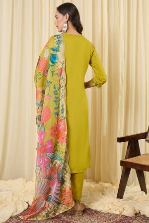 Green Embroidered Rayon Kurti Pant Set (IDKH5GN12392)