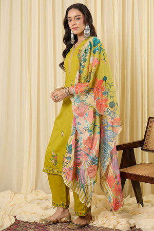 Green Embroidered Rayon Kurti Pant Set (IDKH5GN12392)