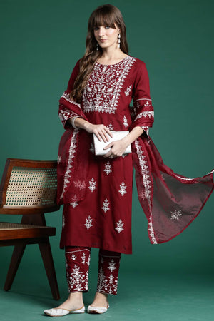 Maroon Floral Embroidered Rayon Kurti Pant Set (IDKH5MR10309)