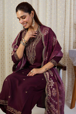 Maroon Floral Embroidered Rayon Kurti Pant Set (IDKH5MR12403)