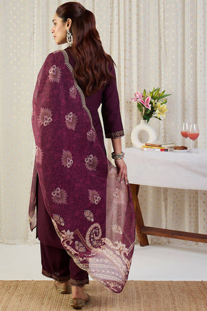 Maroon Floral Embroidered Rayon Kurti Pant Set (IDKH5MR12403)