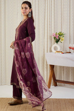 Maroon Floral Embroidered Rayon Kurti Pant Set (IDKH5MR12403)
