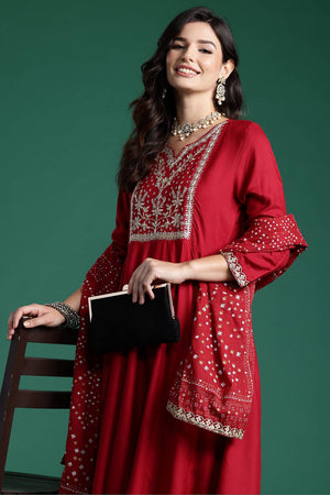 Maroon Embroidered Rayon Kurti Pant Set (IDKH5MR7937)