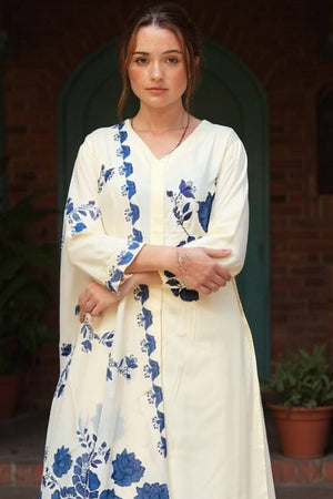 Off White Printed Rayon Kurti Pant Set (IDKH5OW9711)