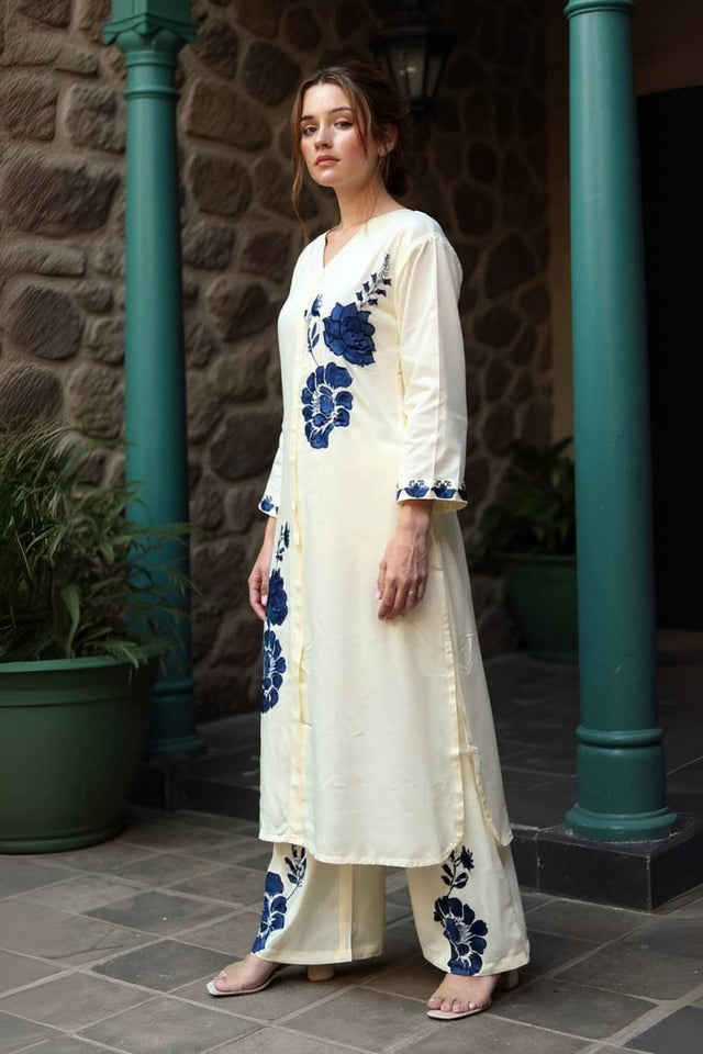 Off White Printed Rayon Kurti Pant Set (IDKH5OW9711)