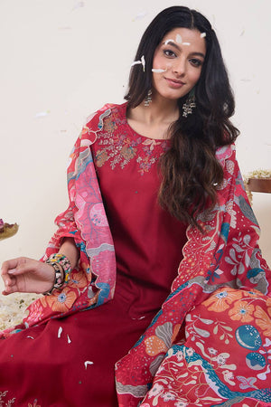 Pink Embroidered Rayon Kurti Pant Set (IDKH5PK12090)