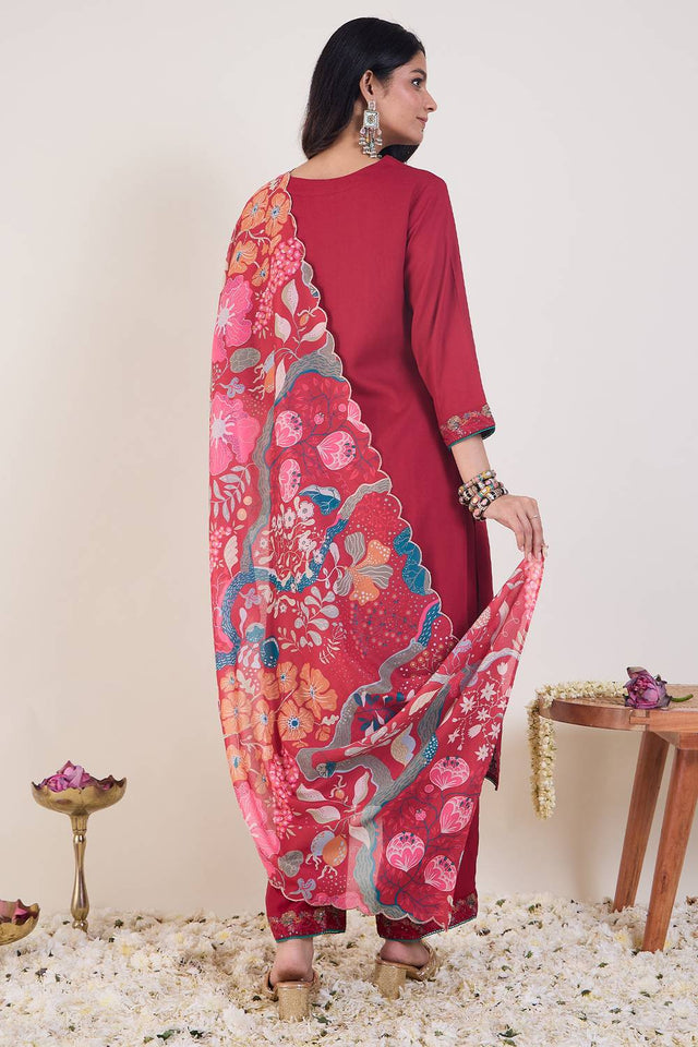Pink Embroidered Rayon Kurti Pant Set (IDKH5PK12090)