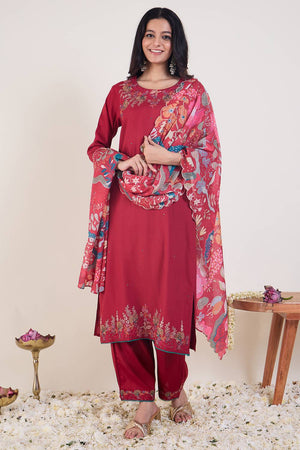 Pink Embroidered Rayon Kurti Pant Set (IDKH5PK12090)
