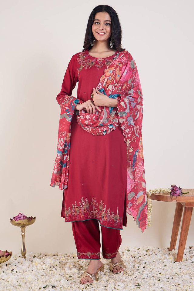 Pink Embroidered Rayon Kurti Pant Set (IDKH5PK12090)