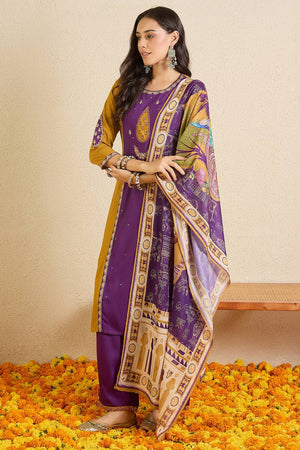 Violet Embroidered Rayon Kurti Pant Set (IDKH5PR12085)