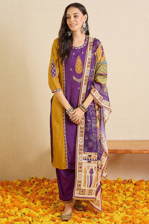 Violet Embroidered Rayon Kurti Pant Set (IDKH5PR12085)