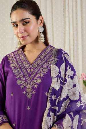 Violet Floral Embroidered Rayon Kurti Pant Set (IDKH5PR12367)