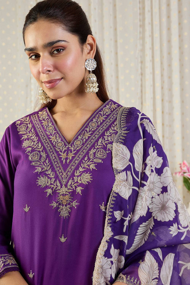 Violet Floral Embroidered Rayon Kurti Pant Set (IDKH5PR12367)