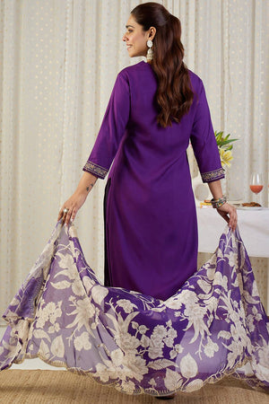 Violet Floral Embroidered Rayon Kurti Pant Set (IDKH5PR12367)