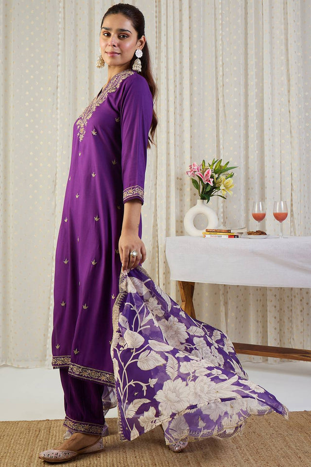 Violet Floral Embroidered Rayon Kurti Pant Set (IDKH5PR12367)