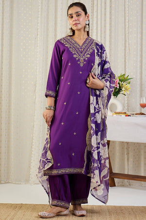 Violet Floral Embroidered Rayon Kurti Pant Set (IDKH5PR12367)