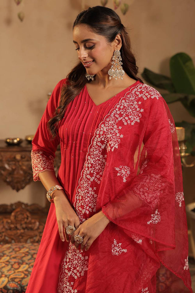 Pink Embroidered Rayon Kurti Pant Set (IDKH5RP12227)
