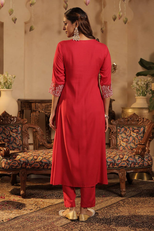 Pink Embroidered Rayon Kurti Pant Set (IDKH5RP12227)