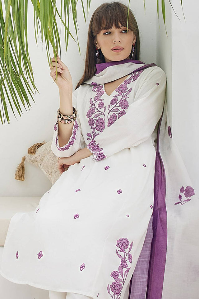 White Embroidered Rayon Kurti Pant Set (IDKH6WH11593)