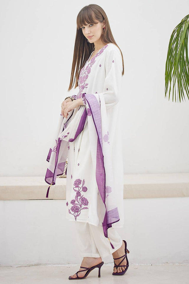 White Embroidered Rayon Kurti Pant Set (IDKH6WH11593)
