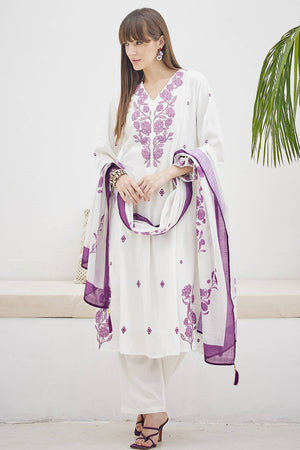 White Embroidered Rayon Kurti Pant Set (IDKH6WH11593)