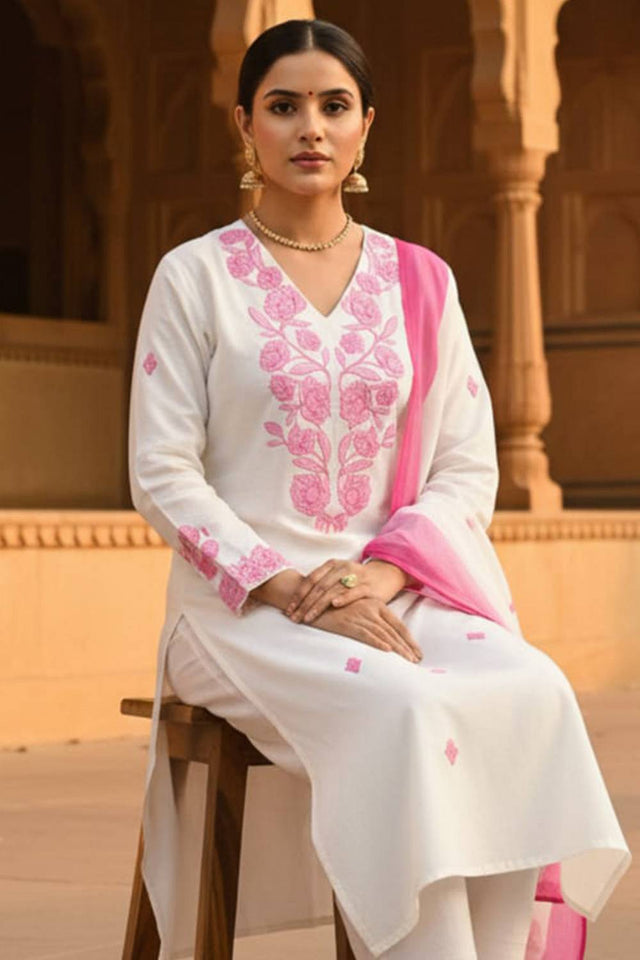 White Embroidered Rayon Kurti Pant Set (IDKH6WH11595)