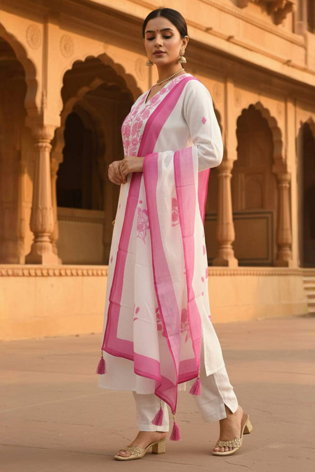 White Embroidered Rayon Kurti Pant Set (IDKH6WH11595)