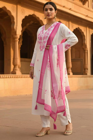 White Embroidered Rayon Kurti Pant Set (IDKH6WH11595)