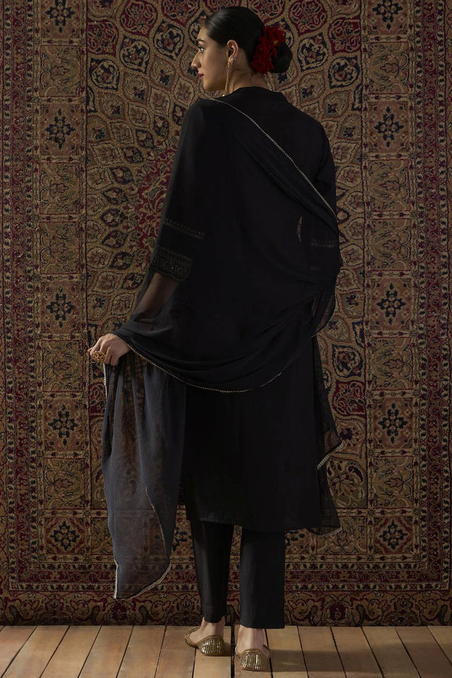 Black Floral Embroidered Silk Blend Kurti Pant Set (IDKH9BK12228)