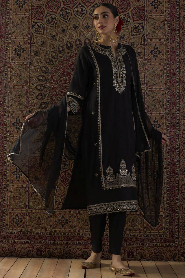 Black Floral Embroidered Silk Blend Kurti Pant Set (IDKH9BK12228)
