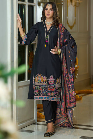 Black Embroidered Silk Blend Kurti Pant Set (IDKH9BK12311)