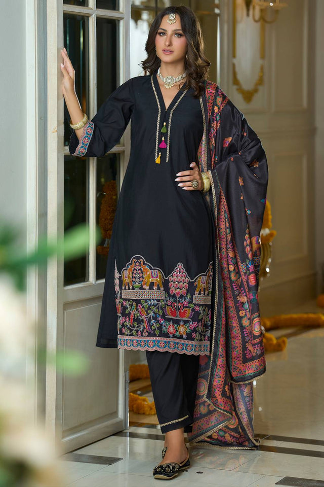 Black Embroidered Silk Blend Kurti Pant Set (IDKH9BK12311)