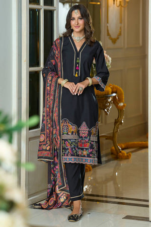 Black Embroidered Silk Blend Kurti Pant Set (IDKH9BK12311)