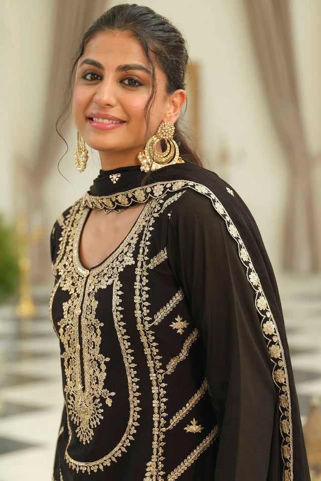 Black Embroidered Chinon Kurti Pant Set (IDKH9BK12445)