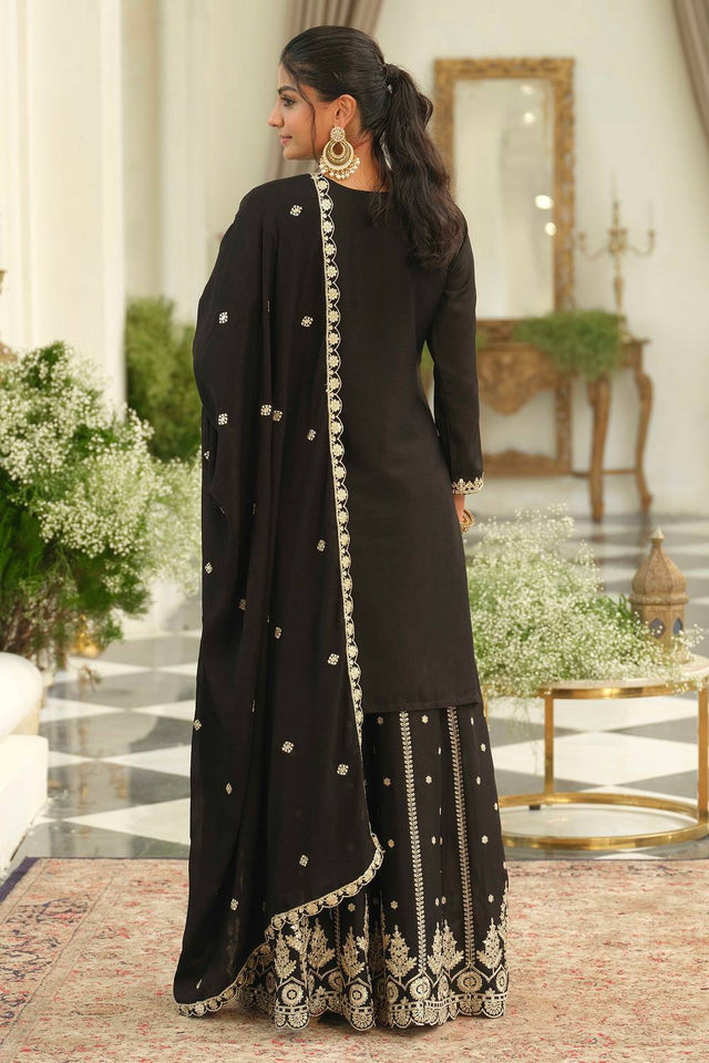 Black Embroidered Chinon Kurti Pant Set (IDKH9BK12445)