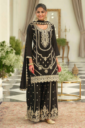 Black Embroidered Chinon Kurti Pant Set (IDKH9BK12445)