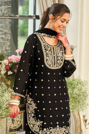 Black Embroidered Chinon Kurti Pant Set (IDKH9BK12454)