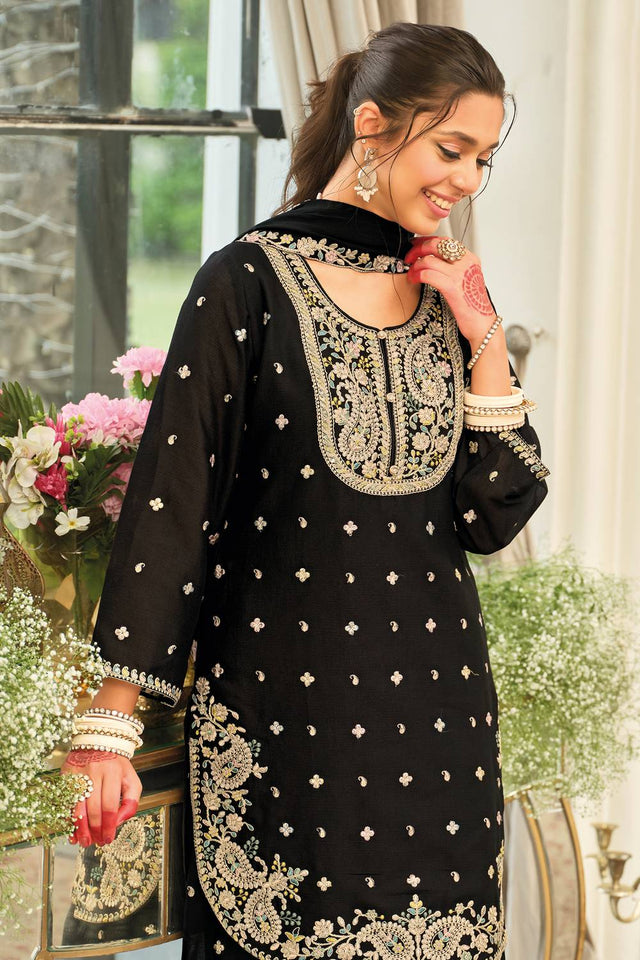 Black Embroidered Chinon Kurti Pant Set (IDKH9BK12454)
