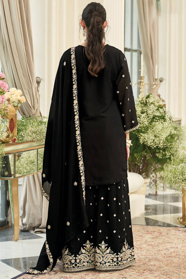 Black Embroidered Chinon Kurti Pant Set (IDKH9BK12454)