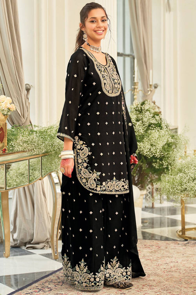 Black Embroidered Chinon Kurti Pant Set (IDKH9BK12454)