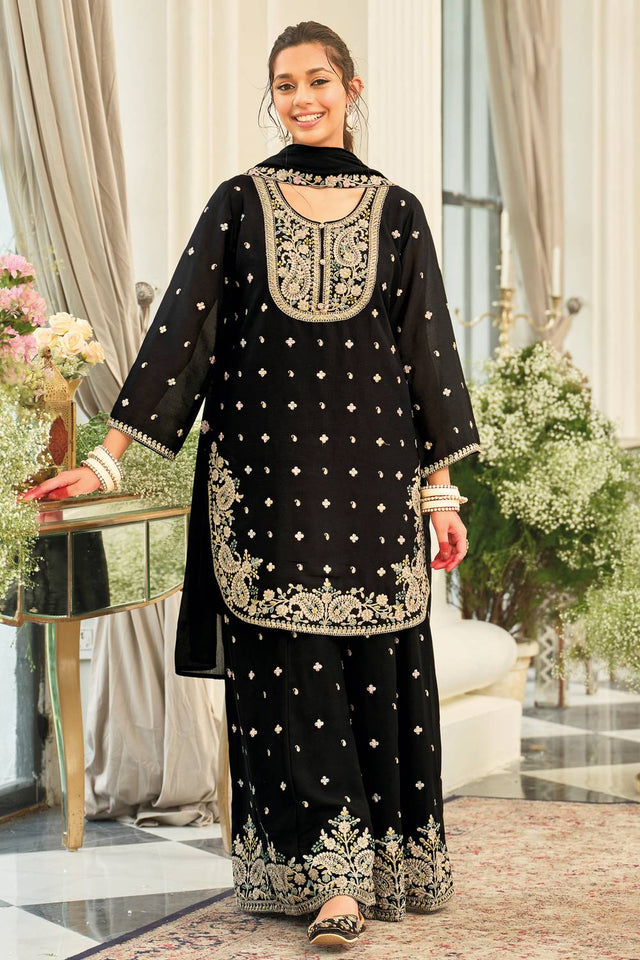 Black Embroidered Chinon Kurti Pant Set (IDKH9BK12454)