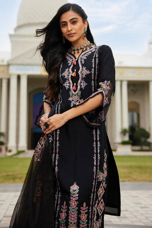 Black Floral Sequin Embroidered Silk Blend Kurti Pant Set (IDKH9BK6969)