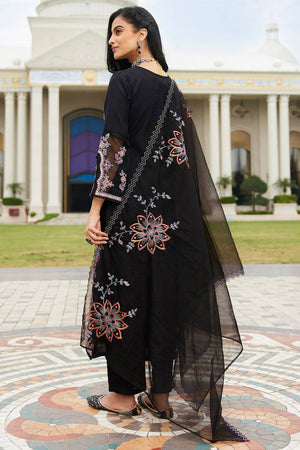 Black Floral Sequin Embroidered Silk Blend Kurti Pant Set (IDKH9BK6969)
