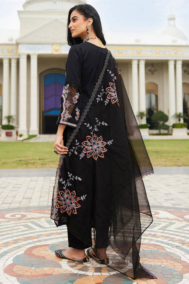 Black Floral Sequin Embroidered Silk Blend Kurti Pant Set (IDKH9BK6969)