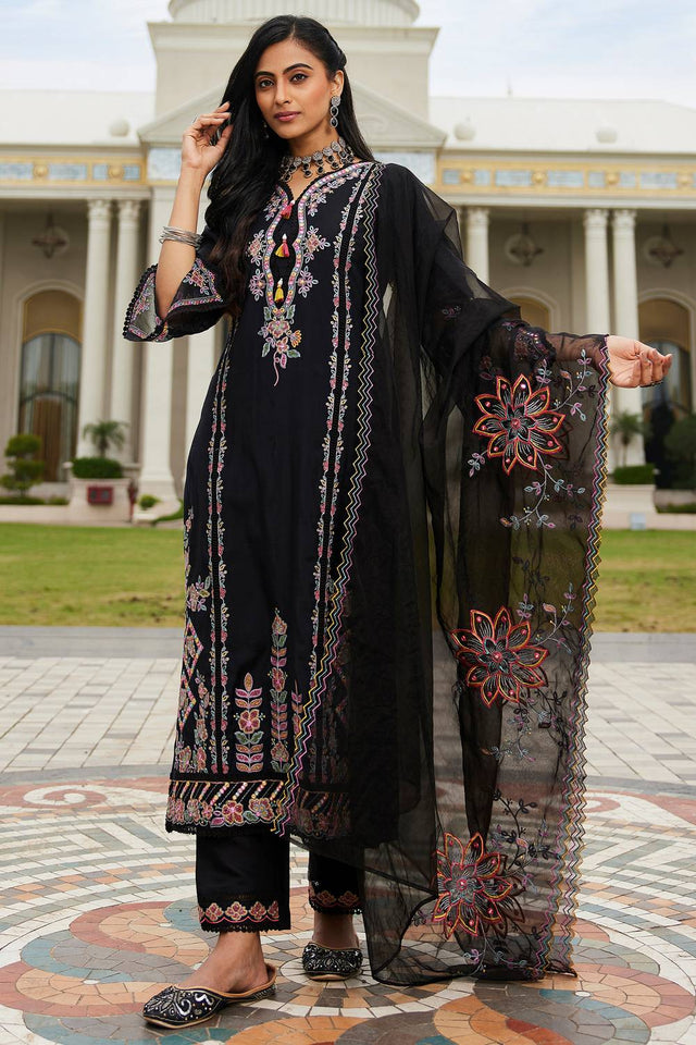 Black Floral Sequin Embroidered Silk Blend Kurti Pant Set (IDKH9BK6969)