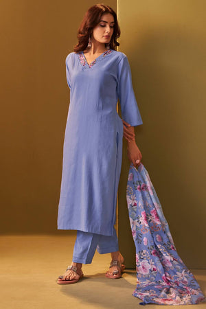 Blue Solid Cotton Blend Kurti Pant Set (IDKH9BL11402)