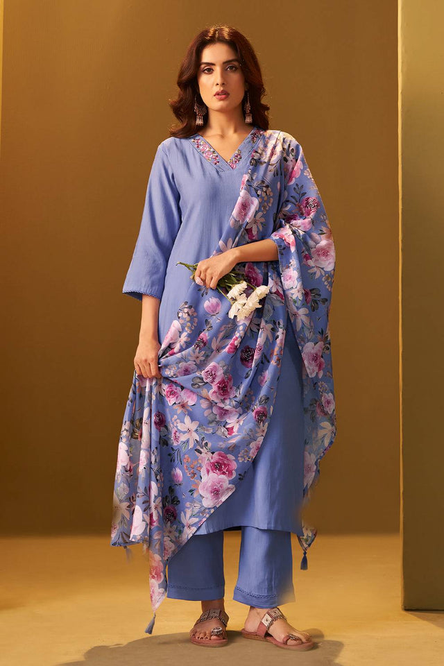 Blue Solid Cotton Blend Kurti Pant Set (IDKH9BL11402)