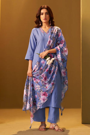 Blue Solid Cotton Blend Kurti Pant Set (IDKH9BL11402)