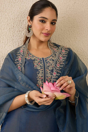 Blue Floral Embroidered Liva Kurti Pant Set (IDKH9BL11467)