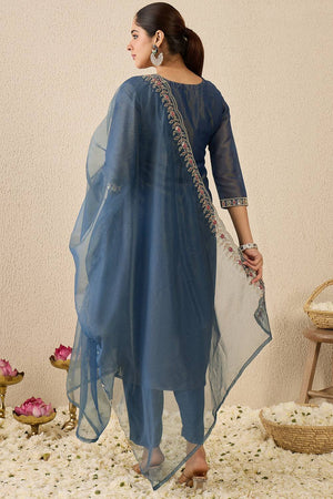 Blue Floral Embroidered Liva Kurti Pant Set (IDKH9BL11467)